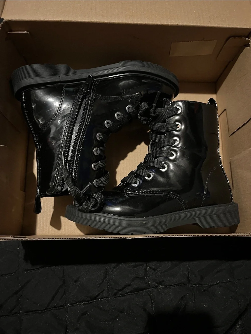 Kids Black Patent Lace-Up Ankle Boots with Side Zip